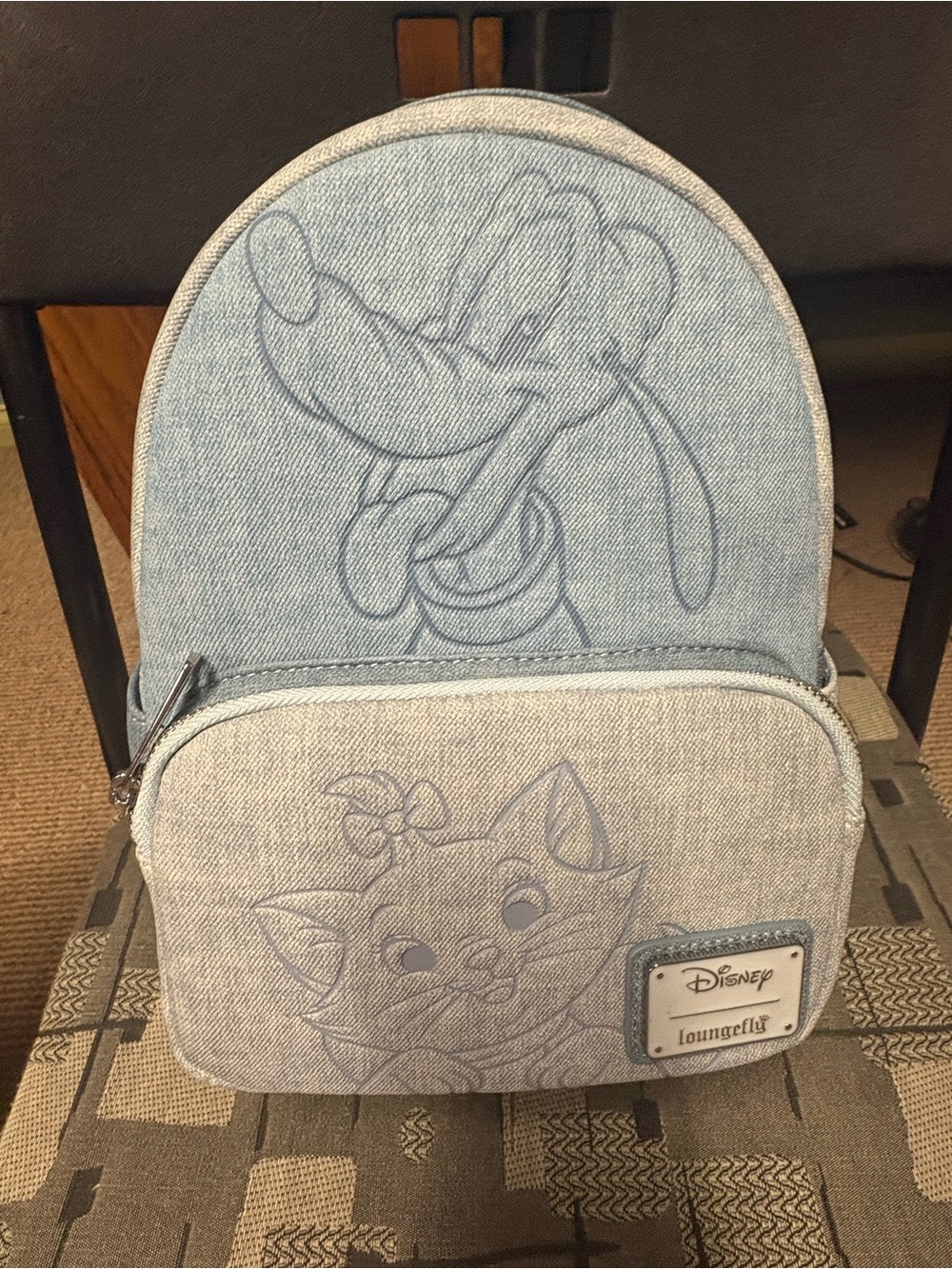 Loungefly Light Blue Denim-Style Disney Sketch Backpack with Pluto & Figaro